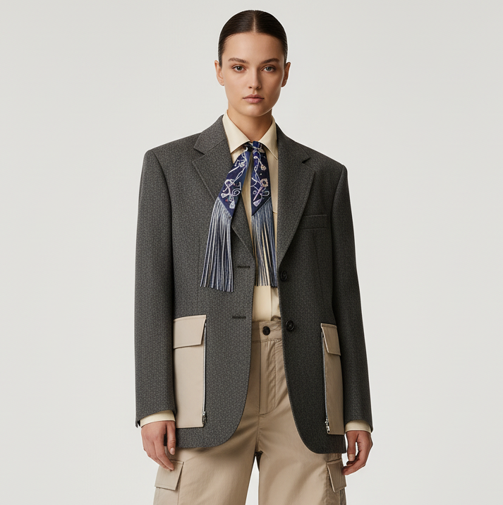 Hermès Les Clés à Pois Leather Fringes Twilly Bleu Marine/Gris Argent Silk