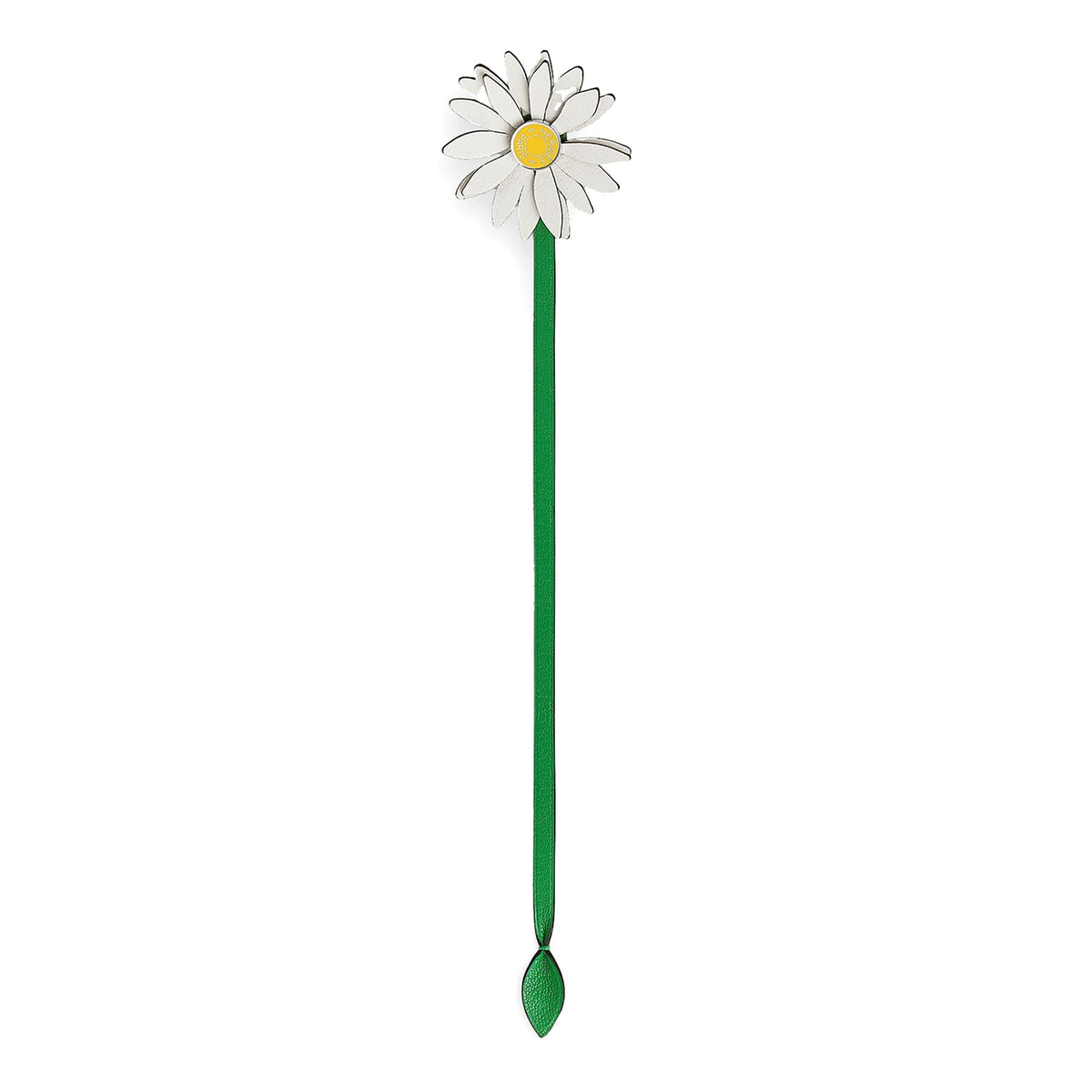 Hermès Marguerite Daisy Charm White Jaune de Naples Bambou, green leather strap at full length with the pointed leaf