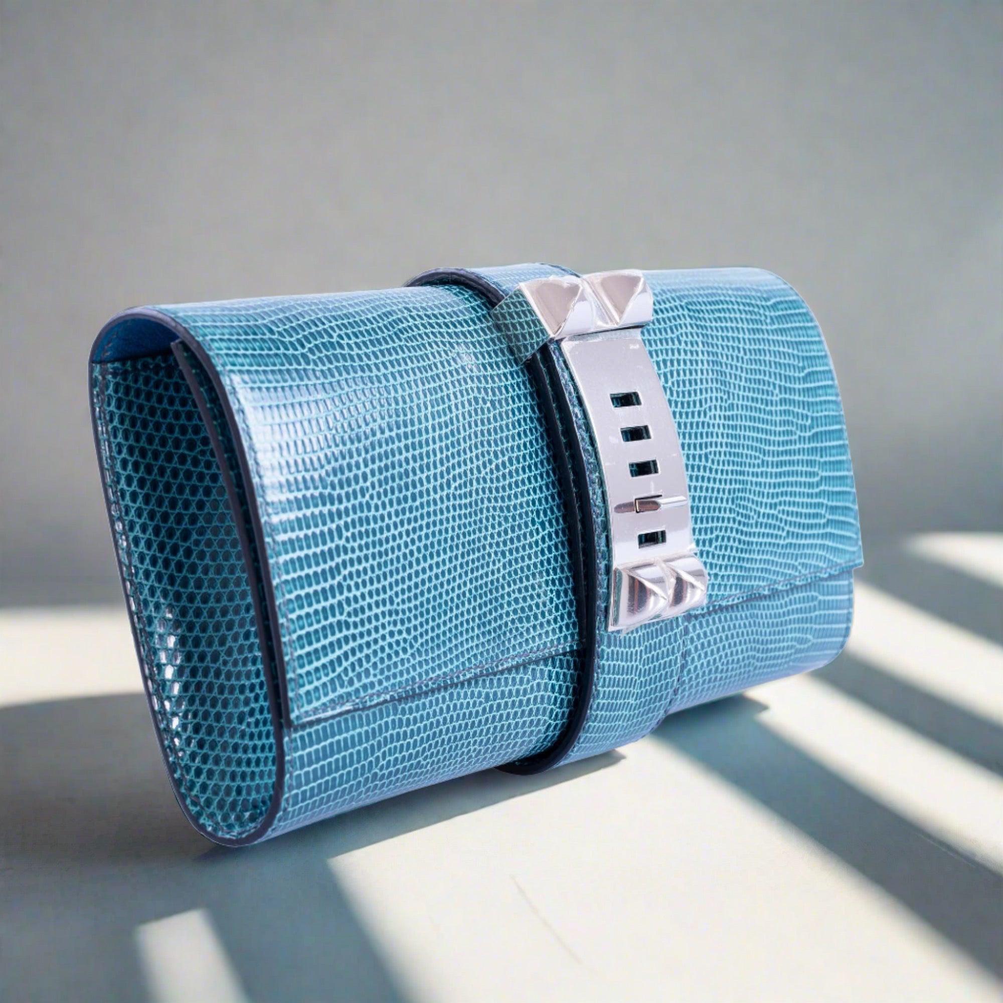 Hermès Medor 23 Clutch Bleu Pétrole Lizard Palladium Hardware