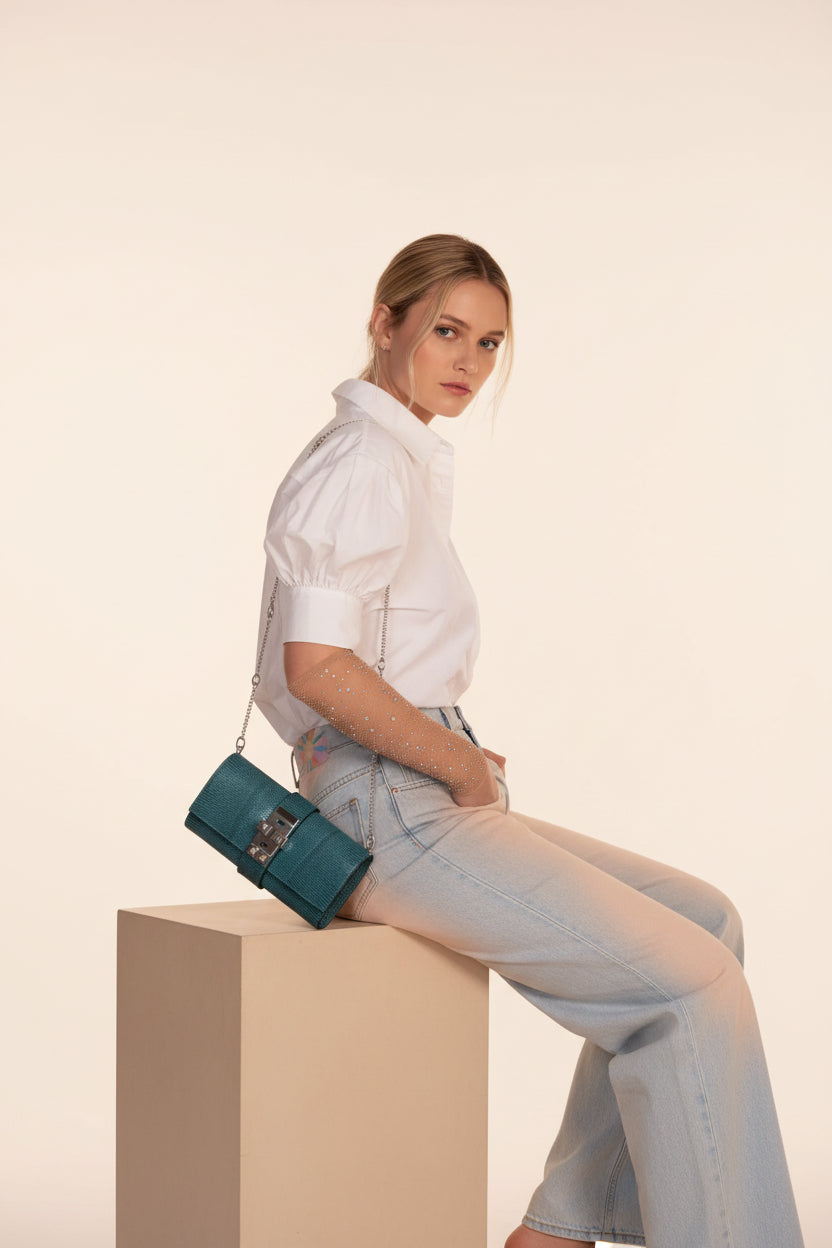 Hermès Medor 23 Clutch Bleu Pétrole Lizard Palladium Hardware