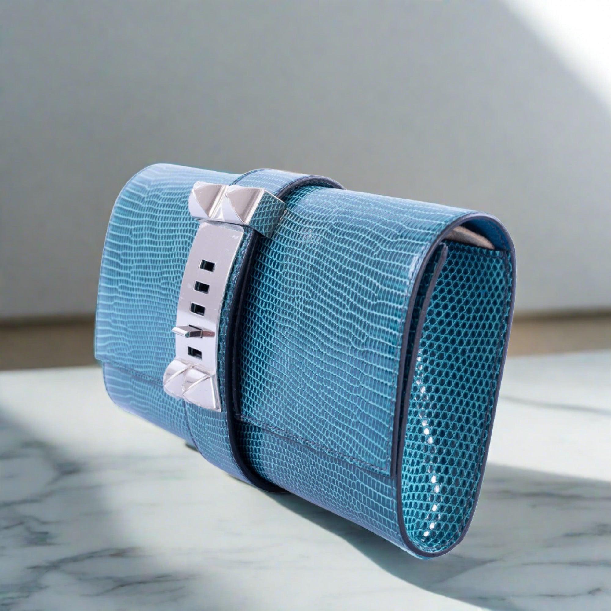 Hermès Medor 23 Clutch Bleu Pétrole Lizard Palladium Hardware