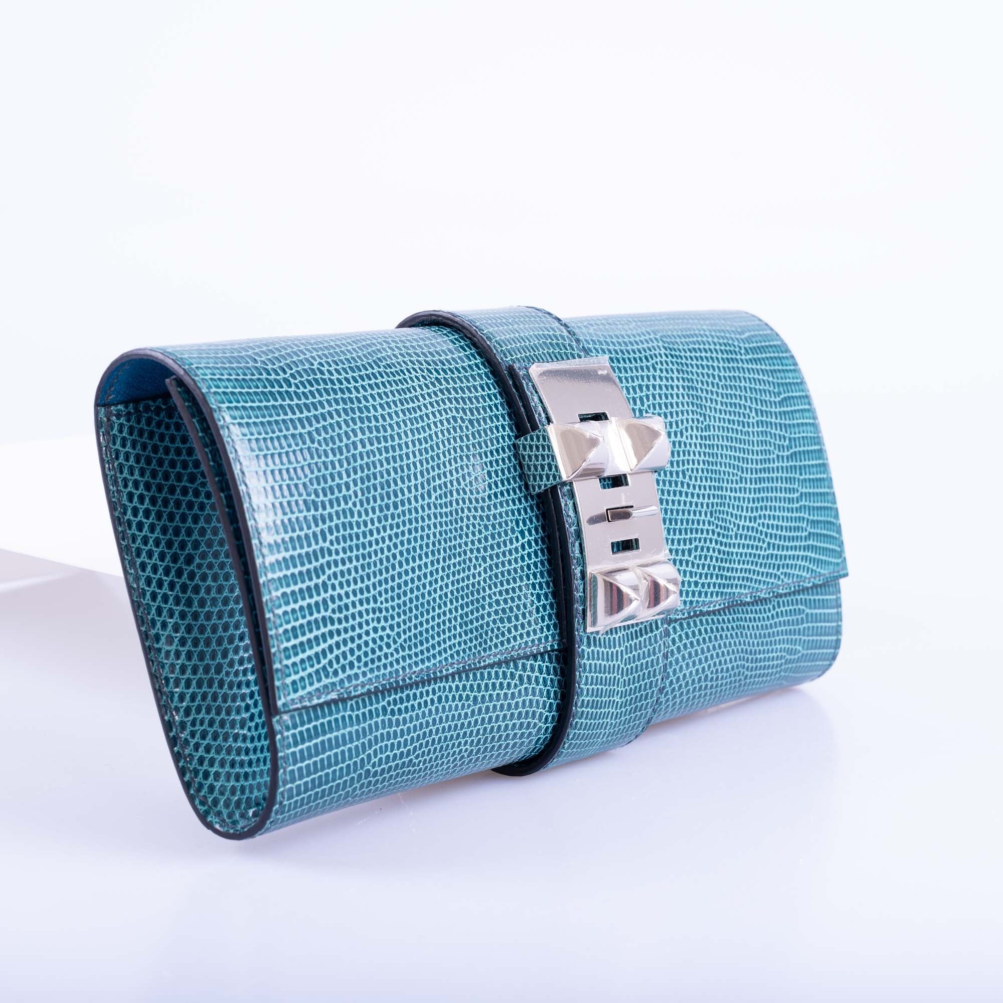 Hermès Medor 23 Clutch Bleu Pétrole Lizard Palladium Hardware