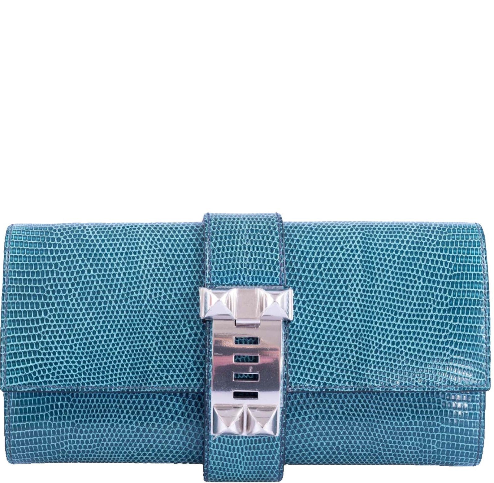 Hermès Medor 23 Clutch Bleu Pétrole Lizard Palladium Hardware