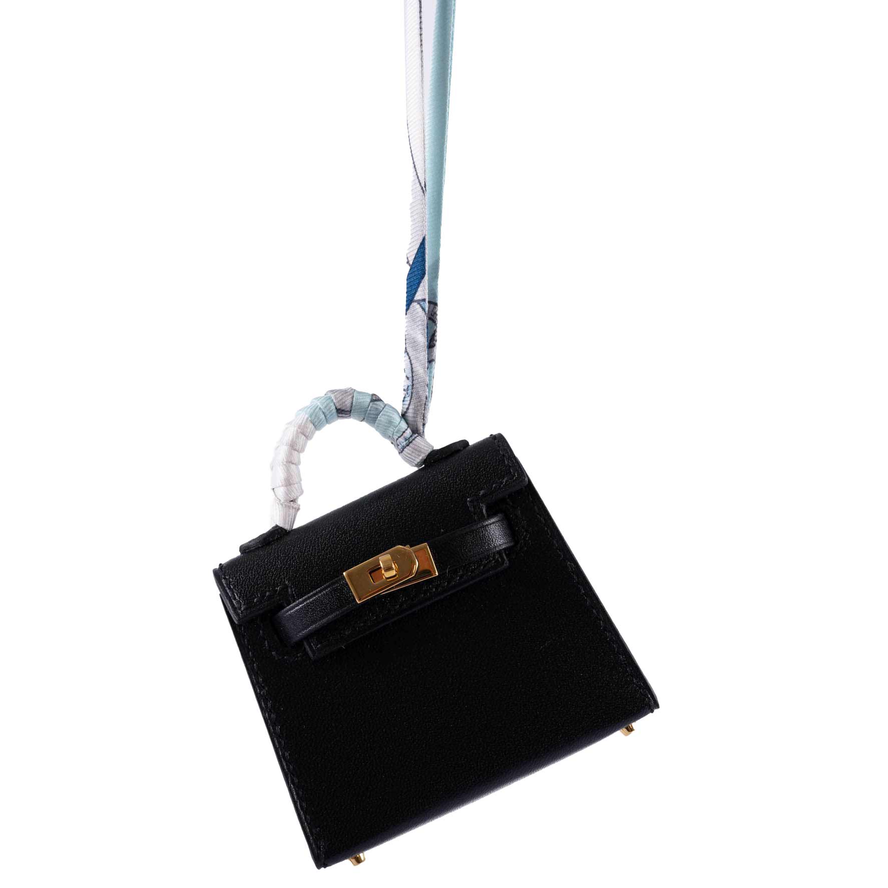 Hermès Micro Kelly Twilly Bag Charm Black Tadelakt Gold Hardware
