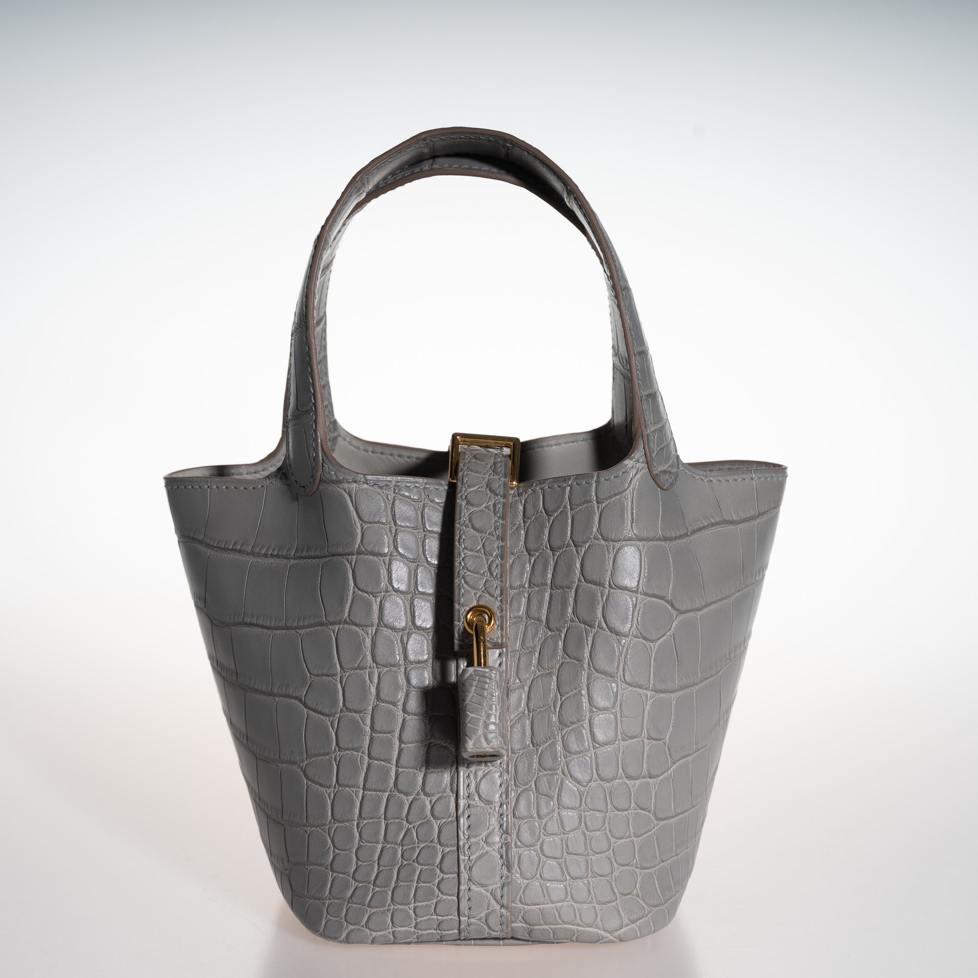 Hermès Micro Picotin Lock 14 Gris Perle Matte Alligator with Gold Hardware