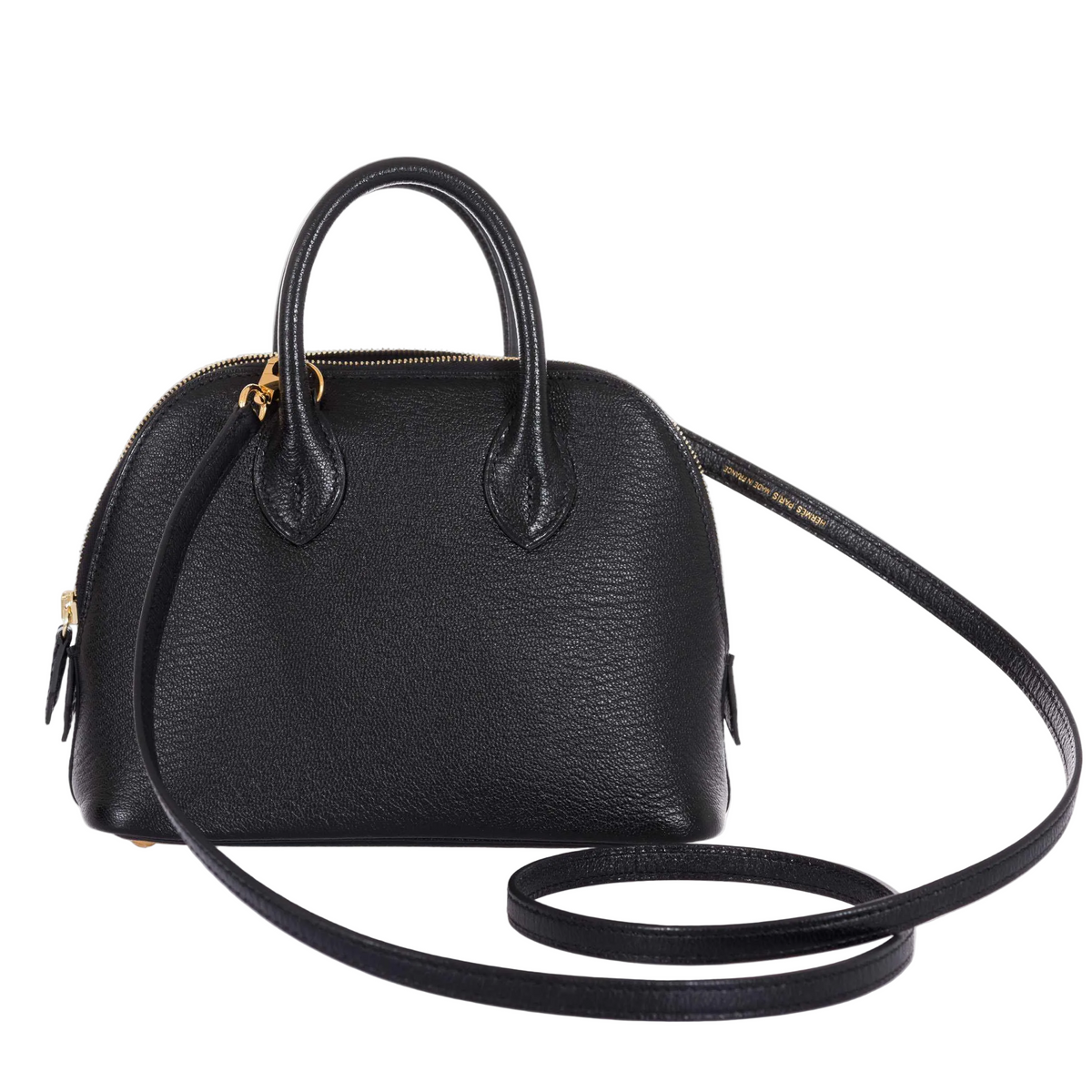 Hermès Mini Bolide 1923 Noir Mysore Chèvre Gold Hardware, front view with rolled handles, gold zip and detachable strap