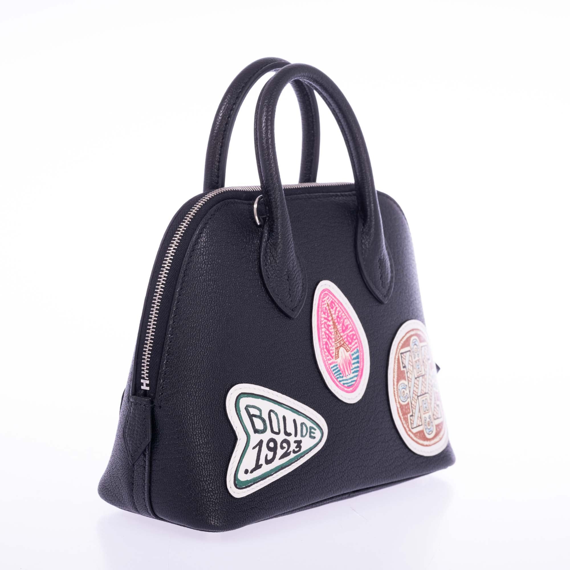 Hermès Mini Bolide 1923 Pique-Colle Noir Mysore Chèvre and Printed Swift Palladium Hardware