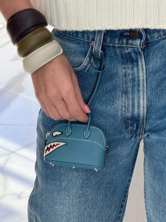 Hermès Mini Bolide Shark Charm Blue Jean Swift Palladium Hardware