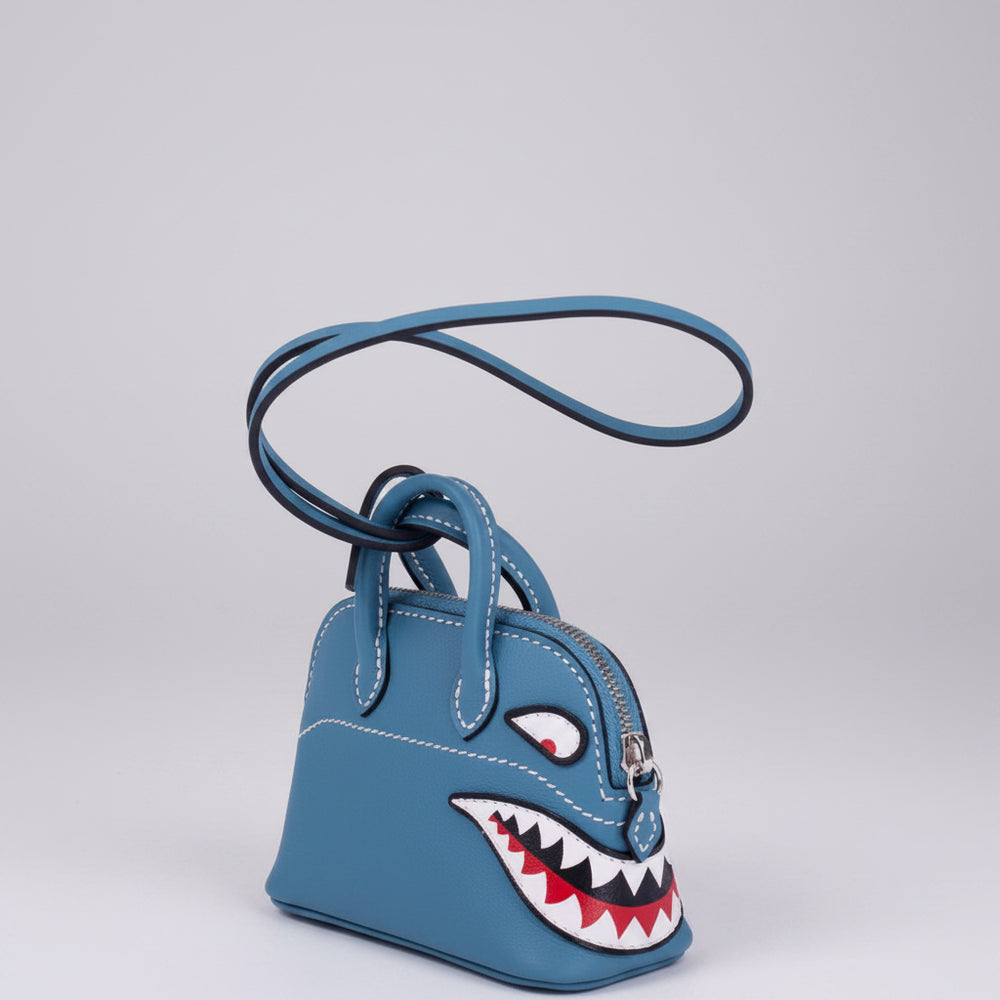 Hermès Mini Bolide Shark Charm Blue Jean Swift Palladium Hardware