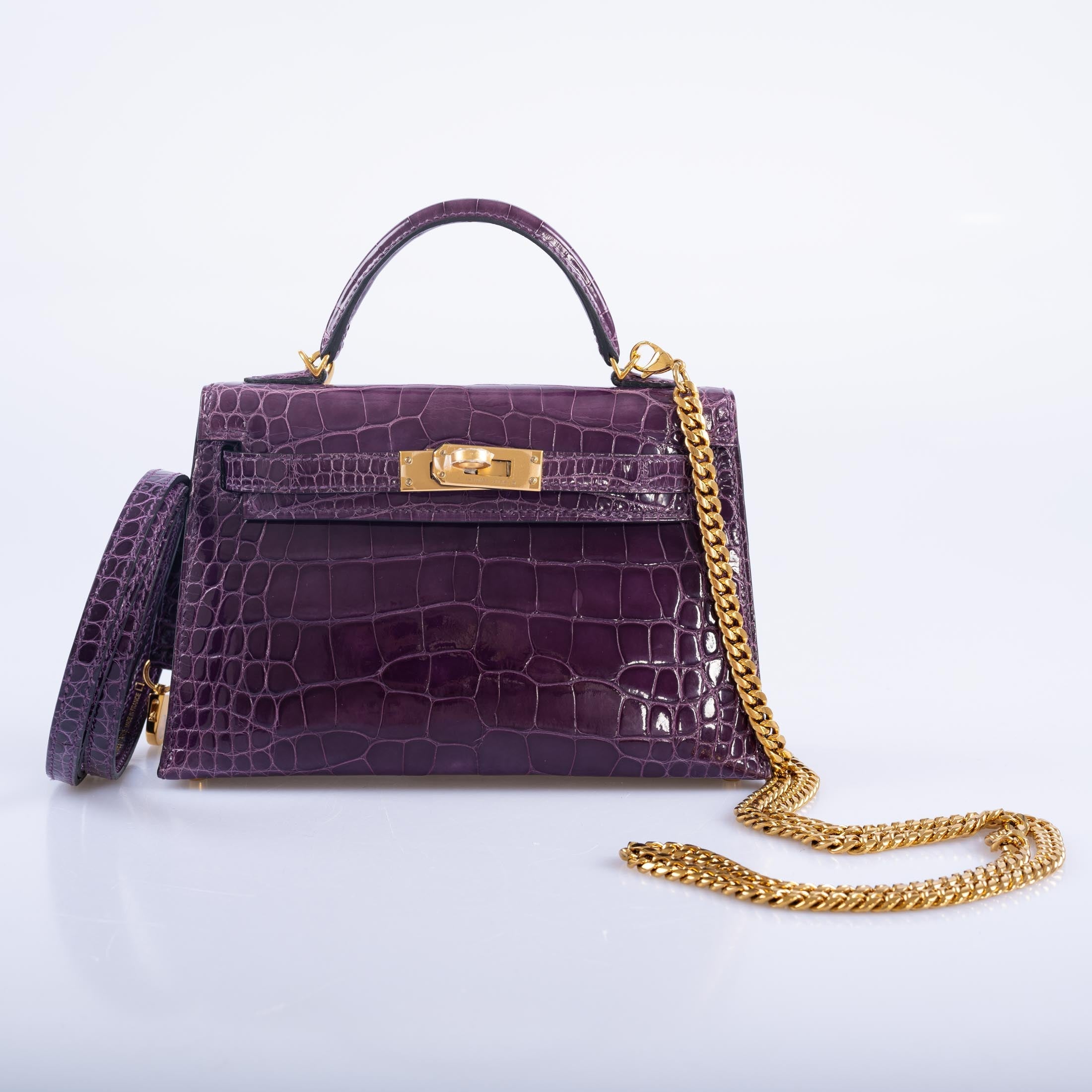 Hermès Mini Kelly 20 Cassis Shiny Alligator Gold Hardware