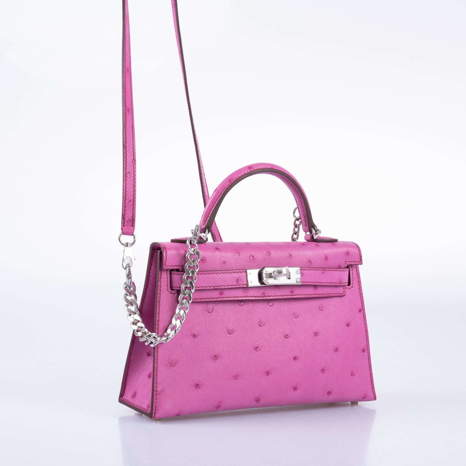 Hermès Mini Kelly 20 Fuchsia Ostrich Palladium Hardware