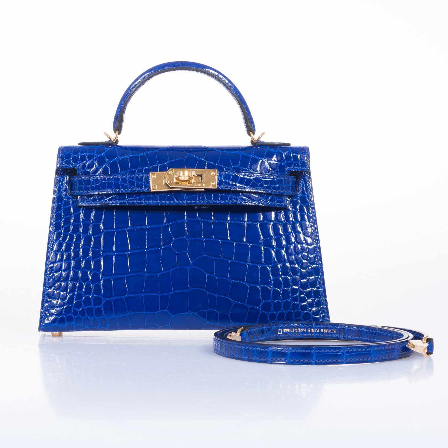 Hermès Mini Kelly 20 II Sellier Bleu Électrique Shiny Alligator Gold Hardware