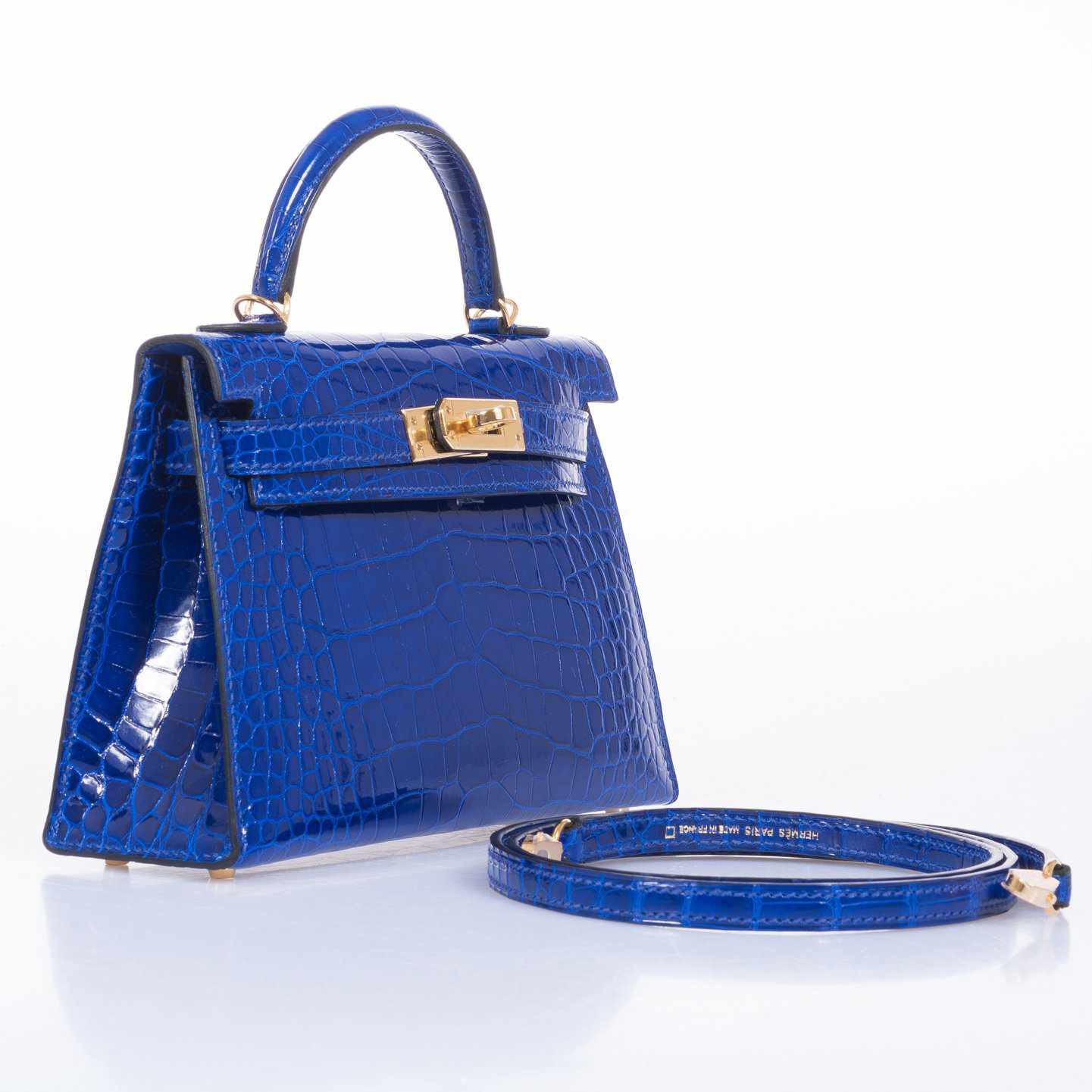 Hermès Mini Kelly 20 II Sellier Bleu Électrique Shiny Alligator Gold Hardware