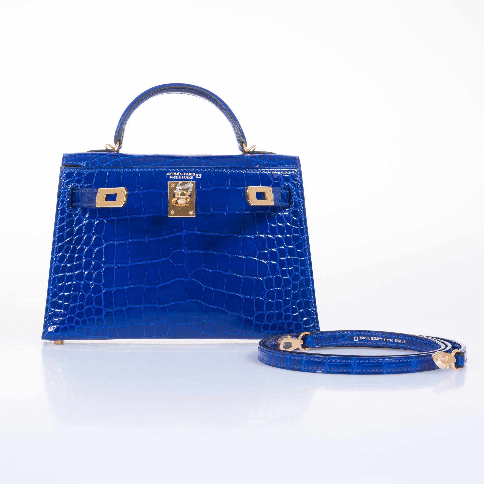 Hermès Mini Kelly 20 II Sellier Bleu Électrique Shiny Alligator Gold Hardware