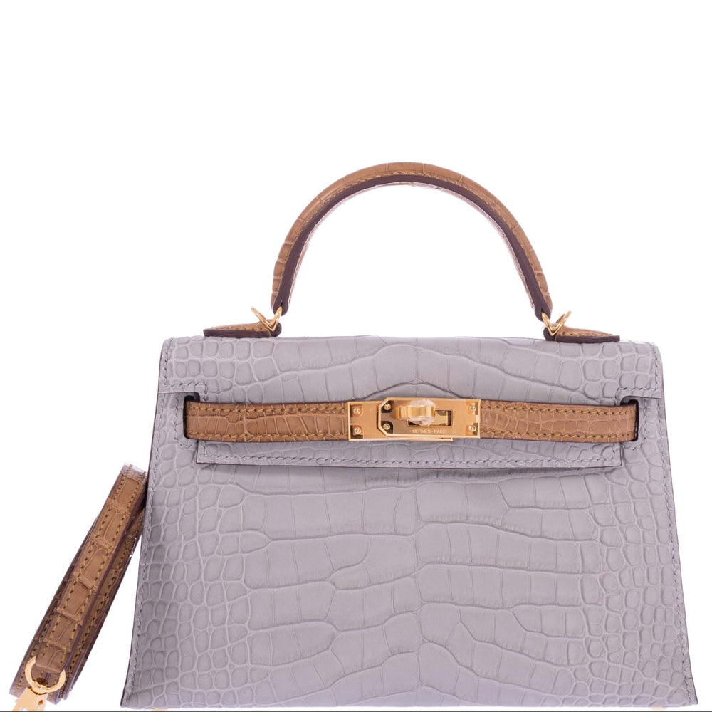 Hermès Mini Kelly 20 II Sellier HSS Gris Perle / Kraft Matte Alligator Gold Hardware