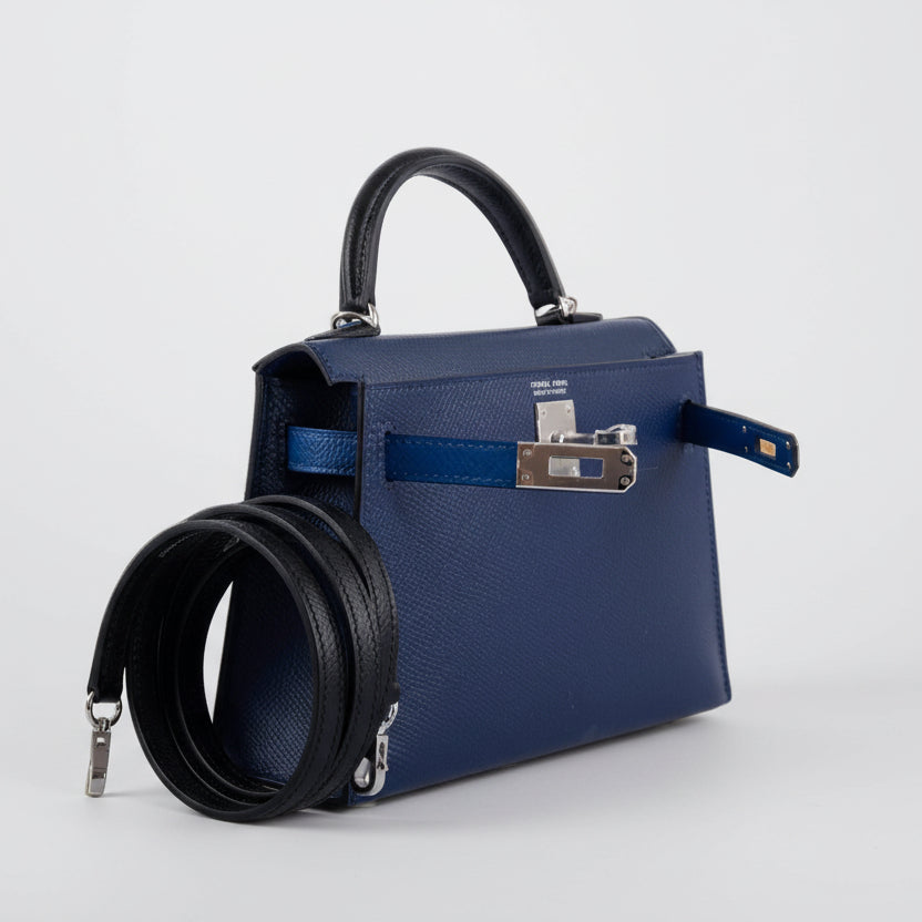 Hermès Mini Kelly 20 Tricolor Bleu Saphir, Blue France & Black Epsom Leather Palladium Hardware