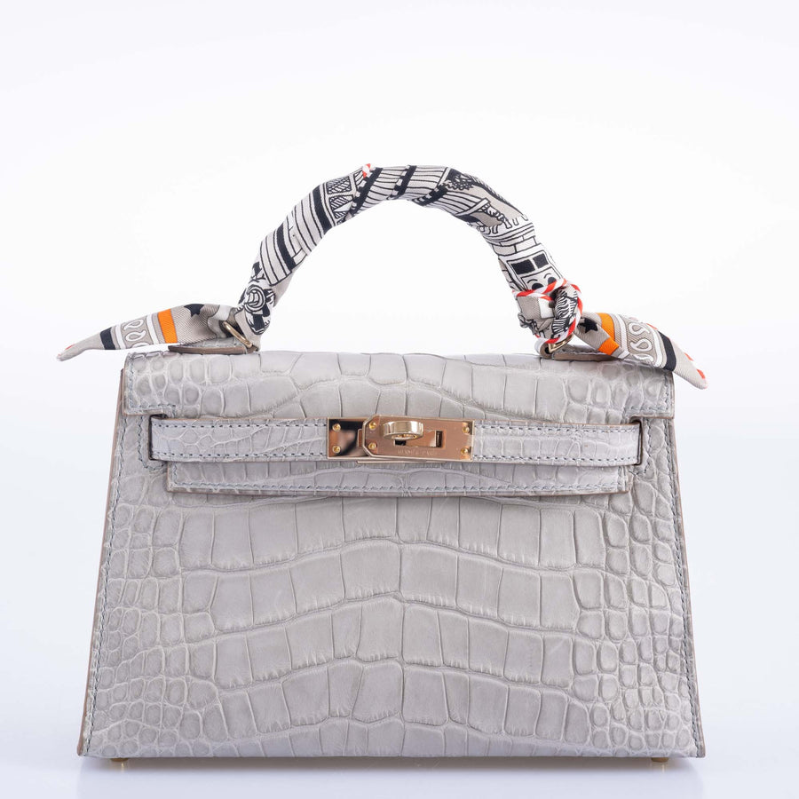 Hermès Mini Kelly II 20 Sellier HSS Gris Perle & Jaune Ambre Verso Matte Alligator Permabrass Hardware