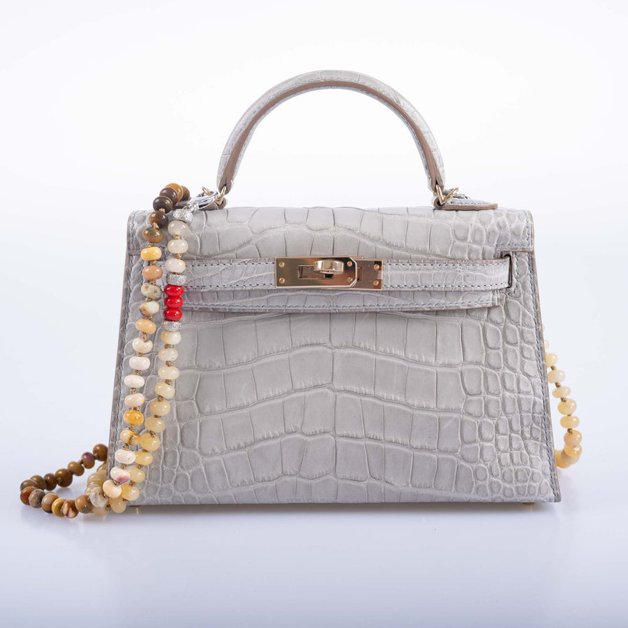 Hermès Mini Kelly II 20 Sellier HSS Gris Perle & Jaune Ambre Verso Matte Alligator Permabrass Hardware