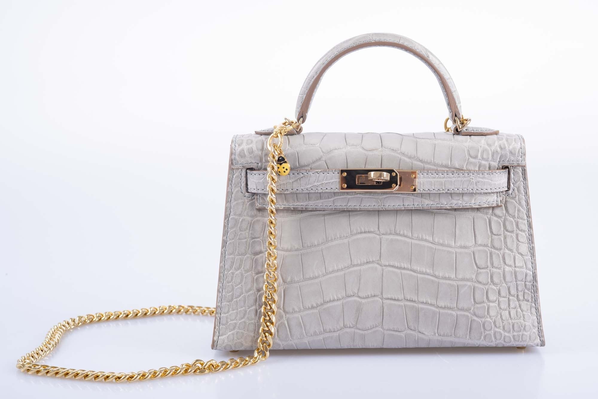 Hermès Mini Kelly II 20 Sellier HSS Gris Perle & Jaune Ambre Verso Matte Alligator Permabrass Hardware