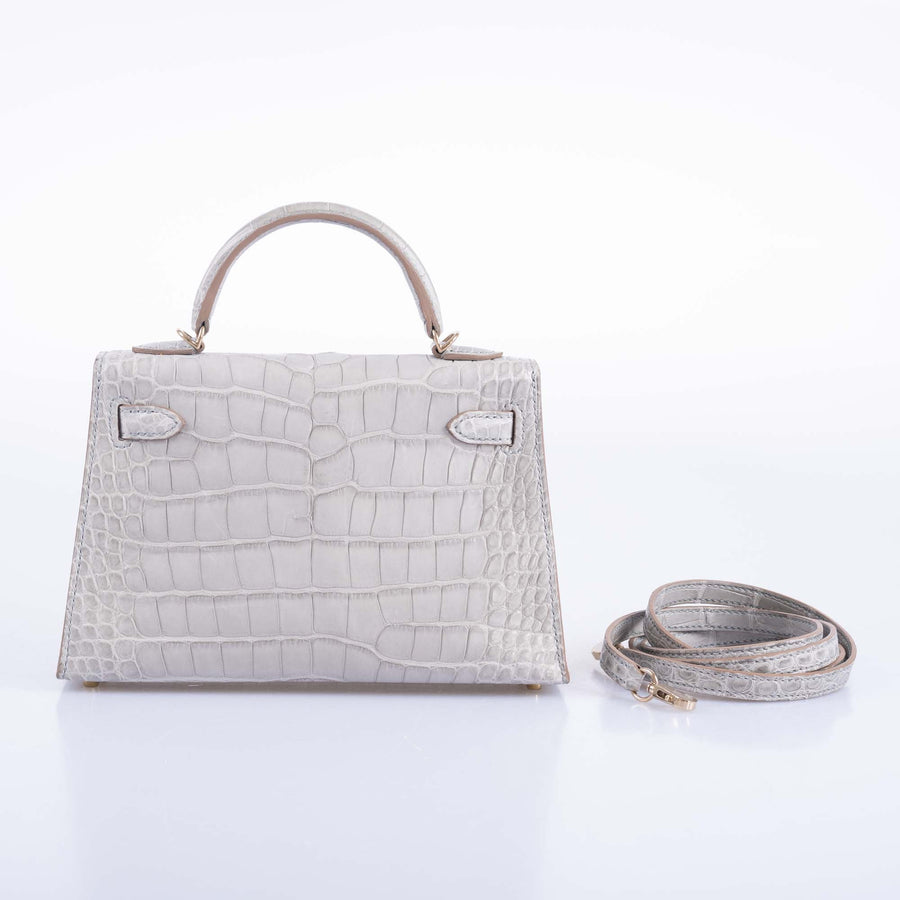 Hermès Mini Kelly II 20 Sellier HSS Gris Perle & Jaune Ambre Verso Matte Alligator Permabrass Hardware