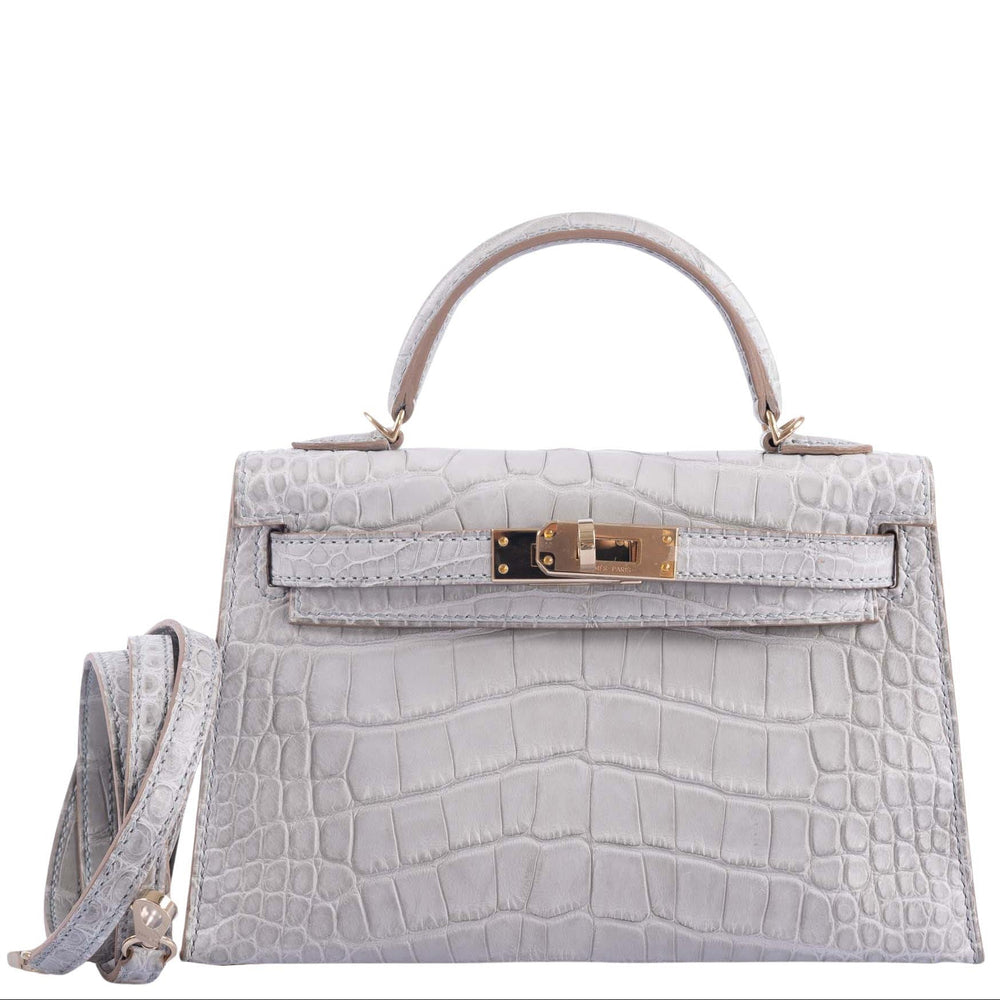 Hermès Mini Kelly II 20 Sellier HSS Gris Perle & Jaune Ambre Verso Matte Alligator Permabrass Hardware