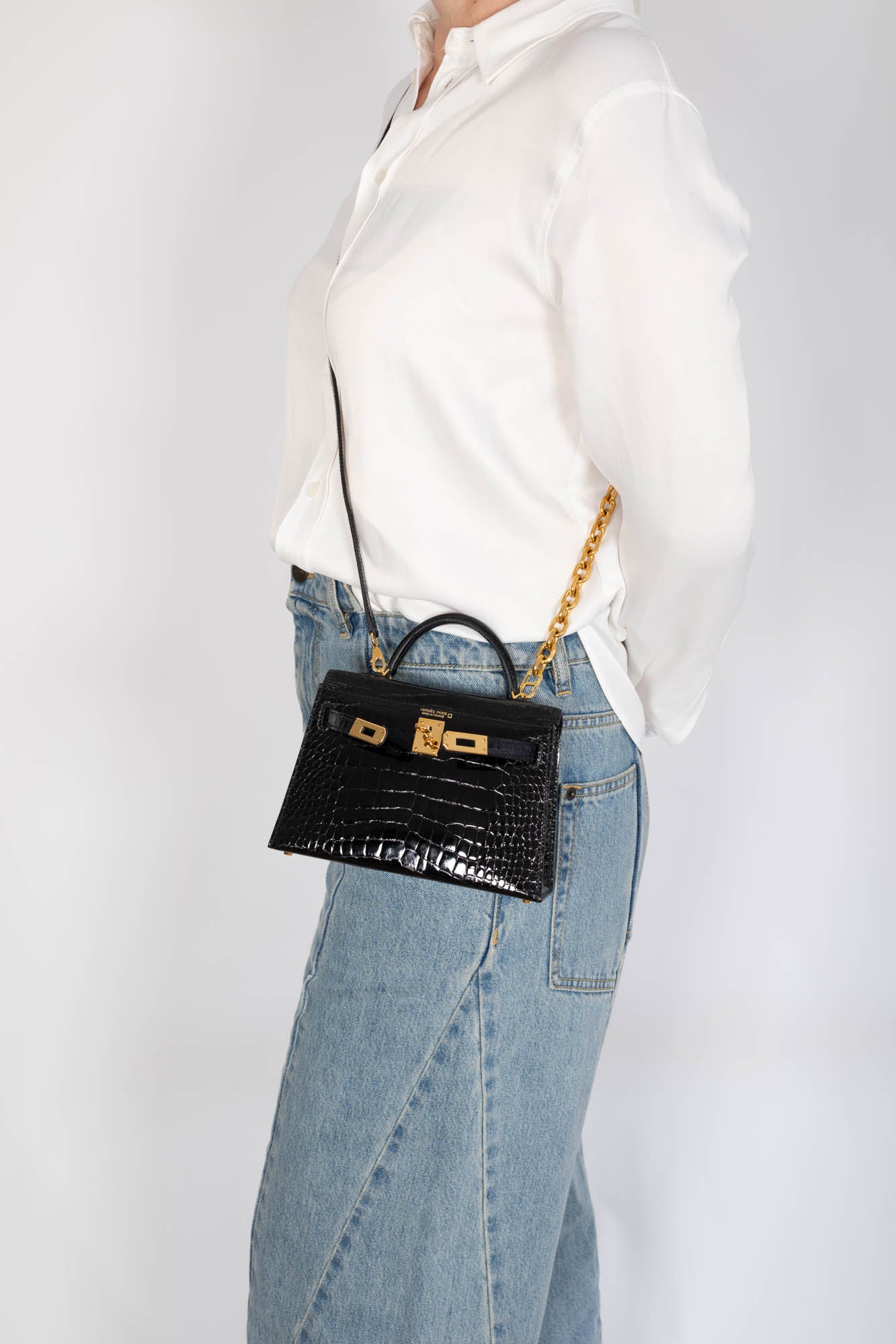 Hermès Mini Kelly II 20 Sellier Noir Shiny Alligator Gold Hardware