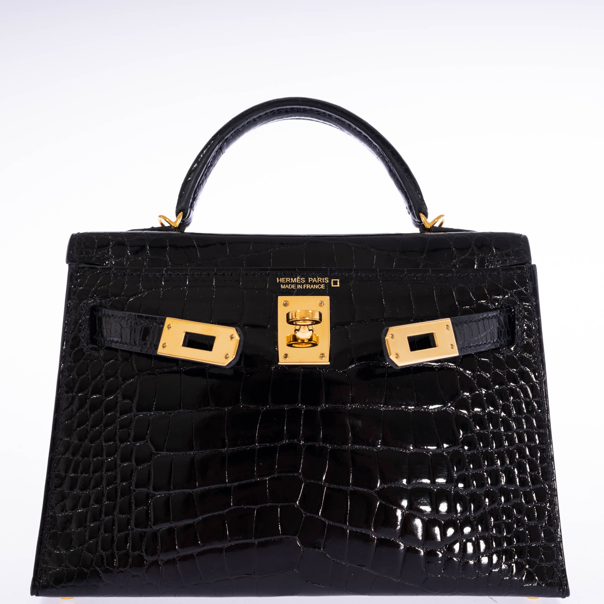 Hermès Mini Kelly II 20 Sellier Noir Shiny Alligator Gold Hardware