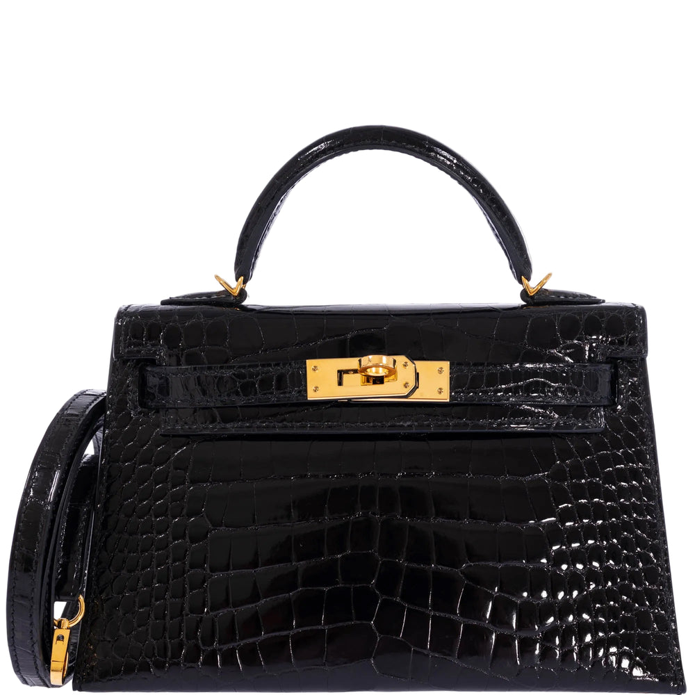 Hermès Mini Kelly II 20 Sellier Noir Shiny Alligator Gold Hardware