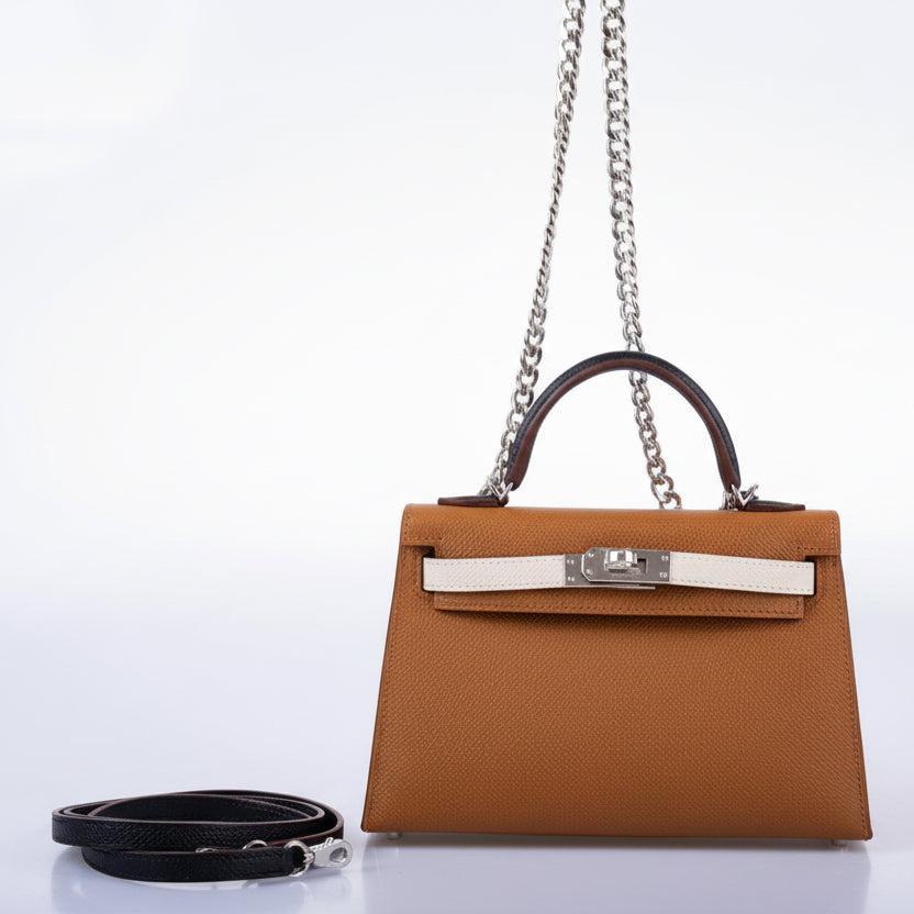 Hermès Mini Kelly II 20 Sellier Tricolor Gold/Nata/Noir Epsom Palladium Hardware