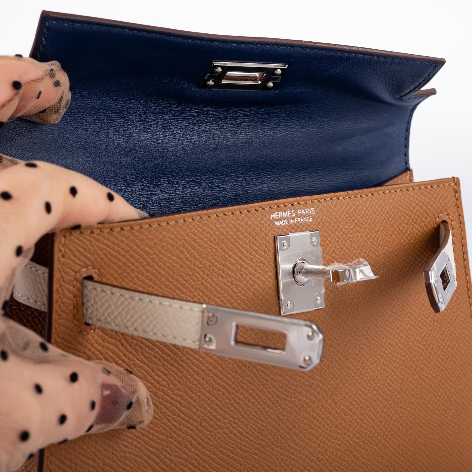 Hermès Mini Kelly II 20 Sellier Tricolor Gold/Nata/Noir Epsom Palladium Hardware