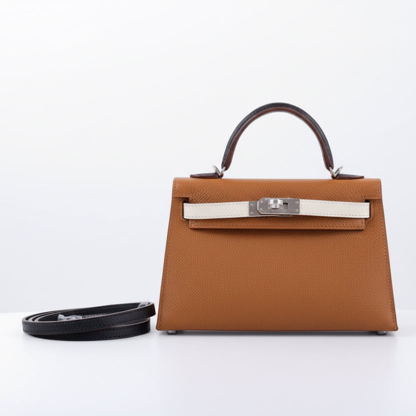 Hermès Mini Kelly II 20 Sellier Tricolor Gold/Nata/Noir Epsom Palladium Hardware