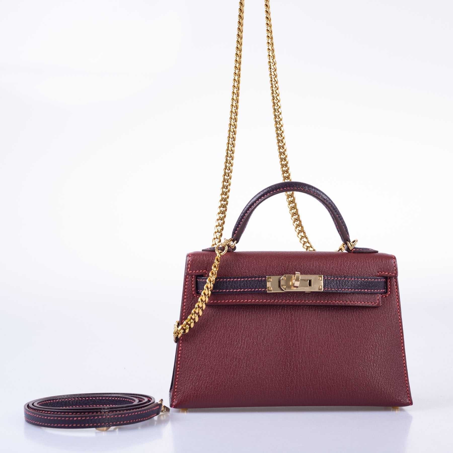 Hermès Mini Kelly II HSS Bi-Color Bordeaux &amp; Raisin Chèvre Gold Hardware