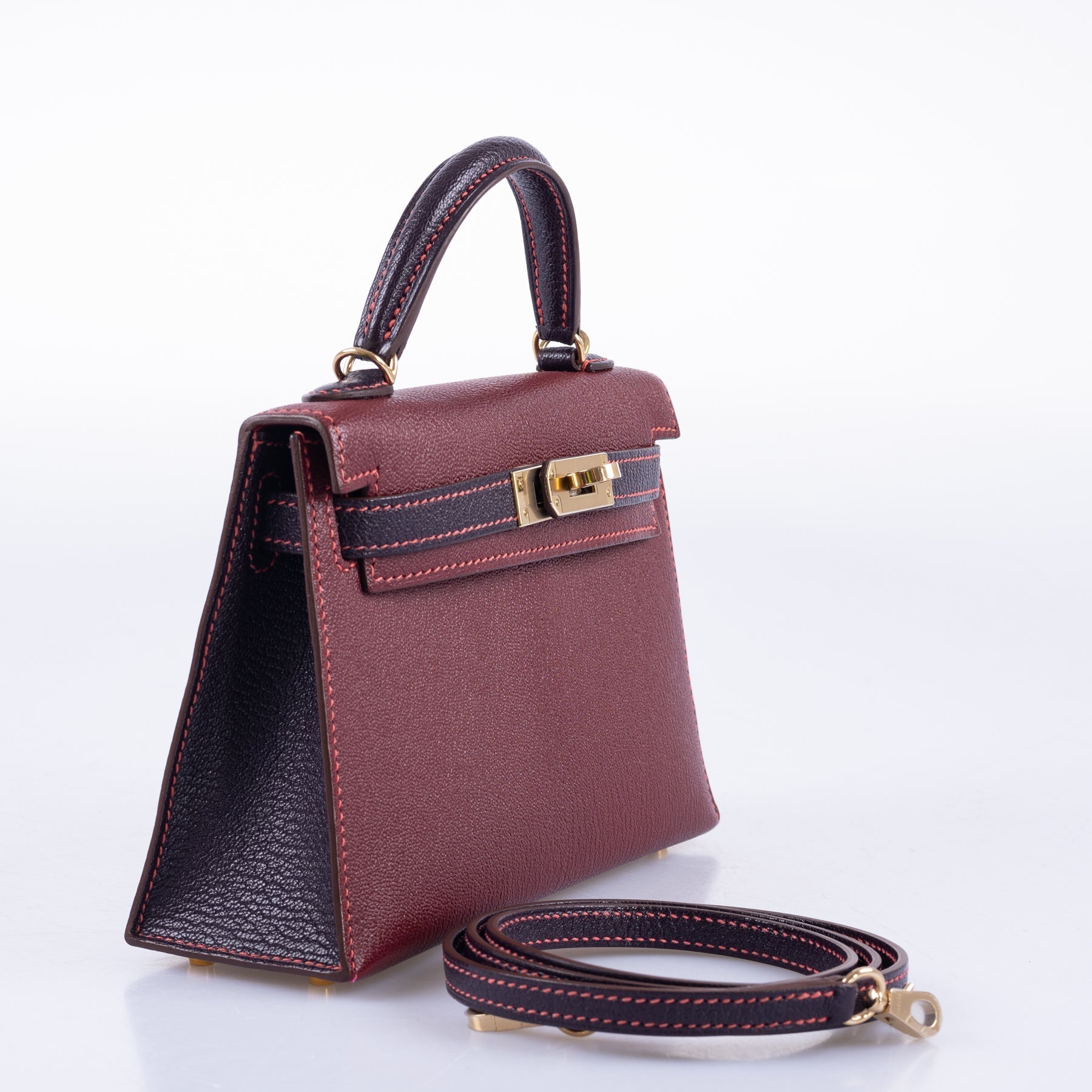 Hermès Mini Kelly II HSS Bi-Color Bordeaux &amp; Raisin Chèvre Gold Hardware