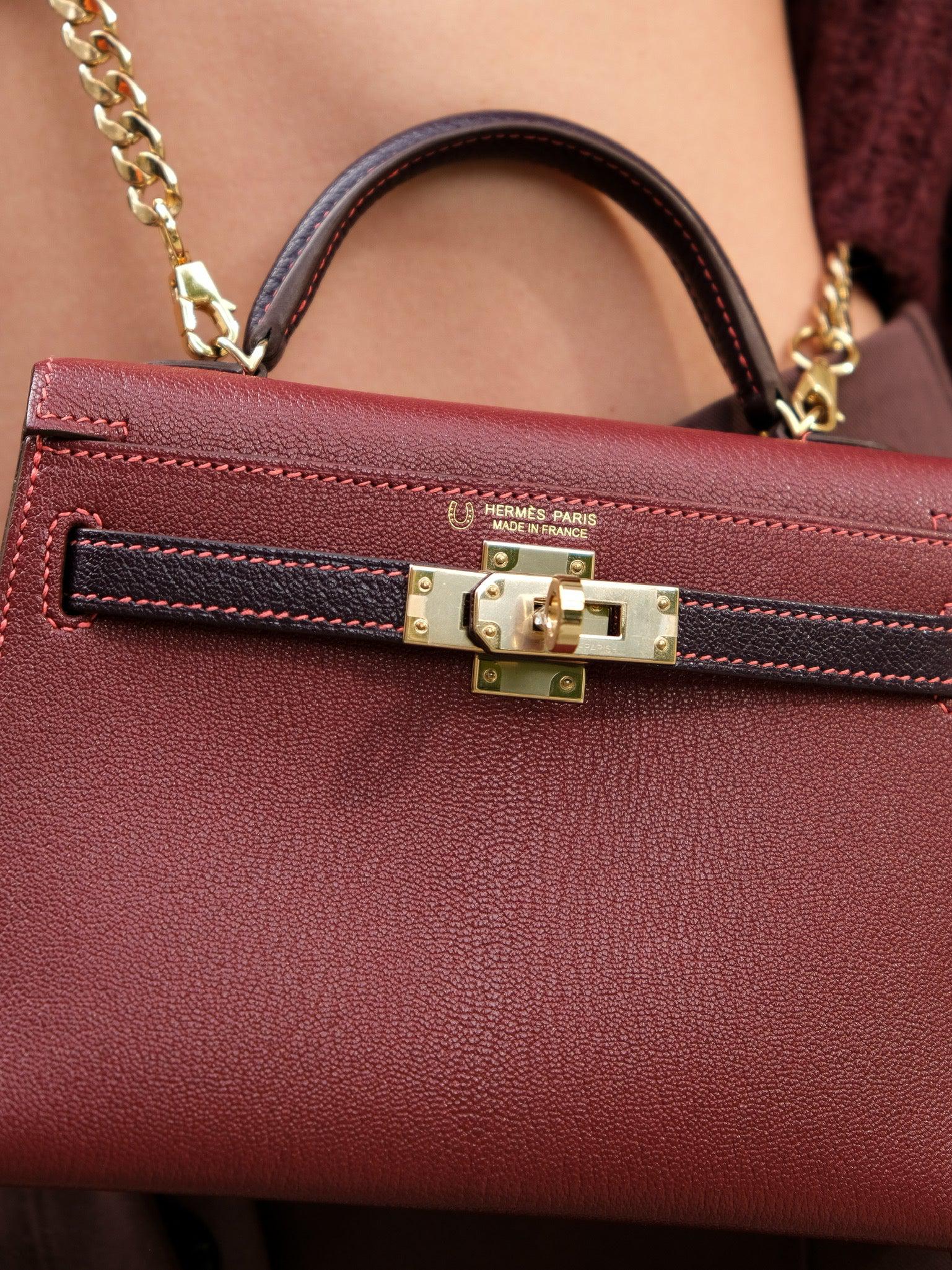 Hermès Mini Kelly II HSS Bi-Color Bordeaux &amp; Raisin Chèvre Gold Hardware