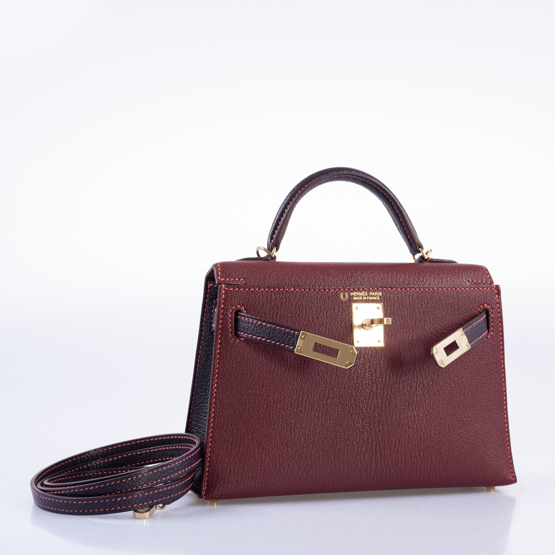 Hermès Mini Kelly II HSS Bi-Color Bordeaux &amp; Raisin Chèvre Gold Hardware
