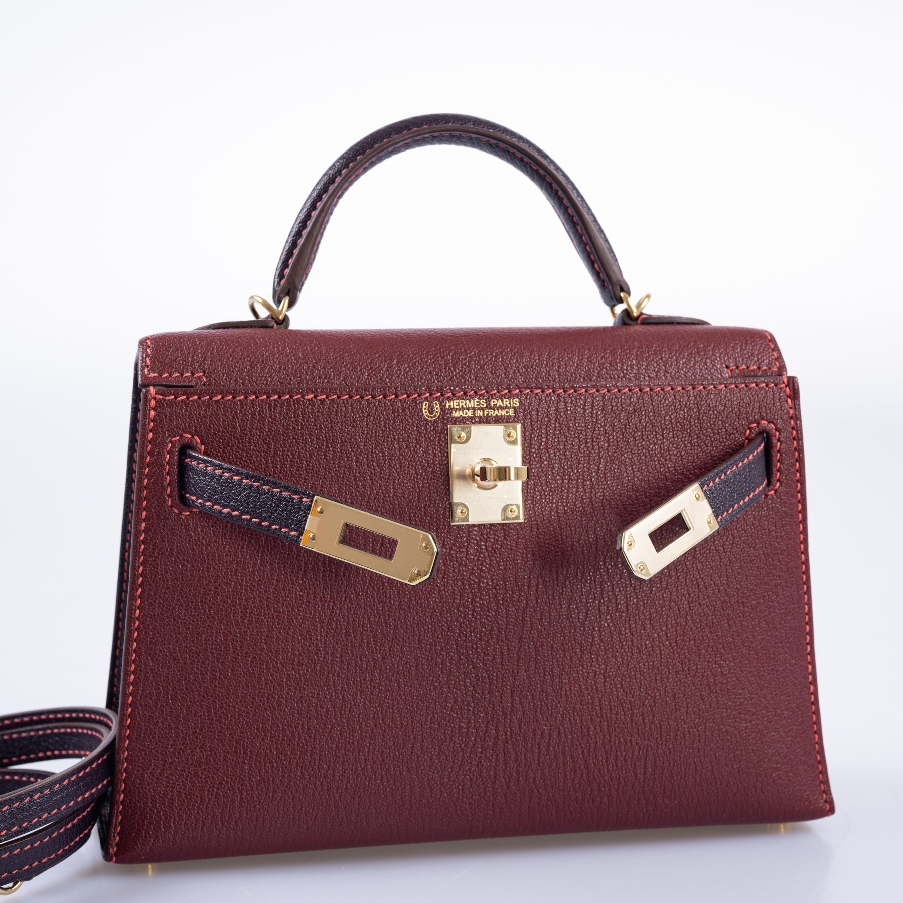 Hermès Mini Kelly II HSS Bi-Color Bordeaux &amp; Raisin Chèvre Gold Hardware