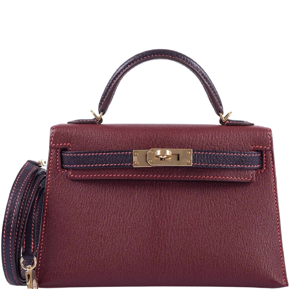 Hermès Mini Kelly II HSS Bi-Color Bordeaux &amp; Raisin Chèvre Gold Hardware