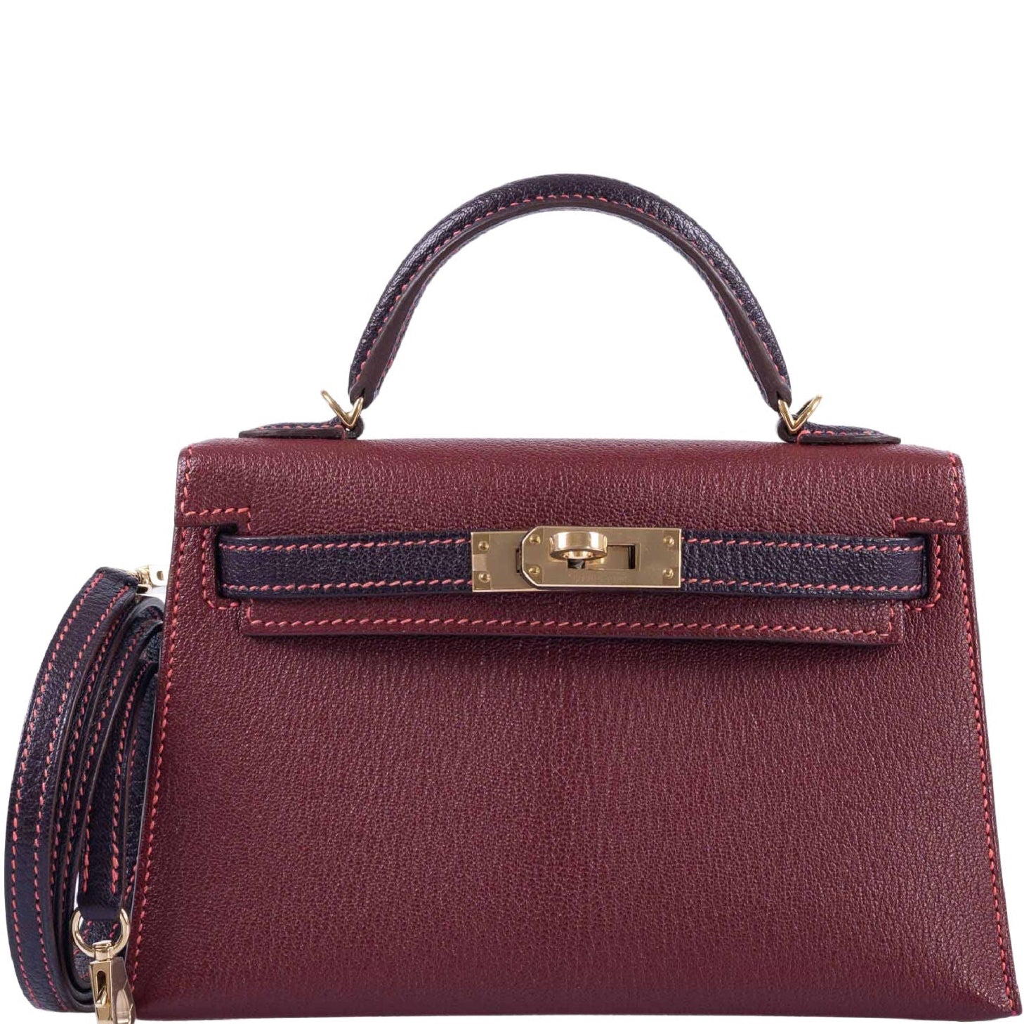 Hermès Mini Kelly II HSS Bi-Color Bordeaux &amp; Raisin Chèvre Gold Hardware