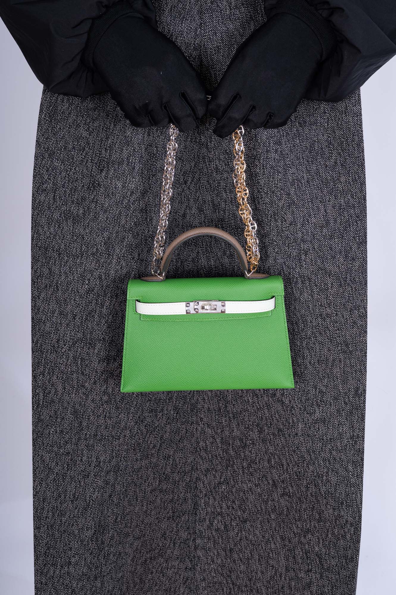 Hermès Mini Kelly II Tri-Color Vert Yucca, Vert Fizz and Étoupe Epsom Palladium Hardware