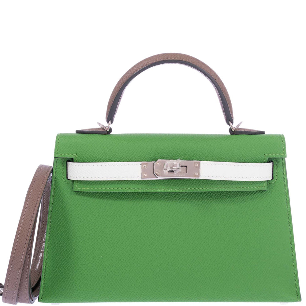Hermès Mini Kelly II Tri-Color Vert Yucca, Vert Fizz and Étoupe Epsom Palladium Hardware