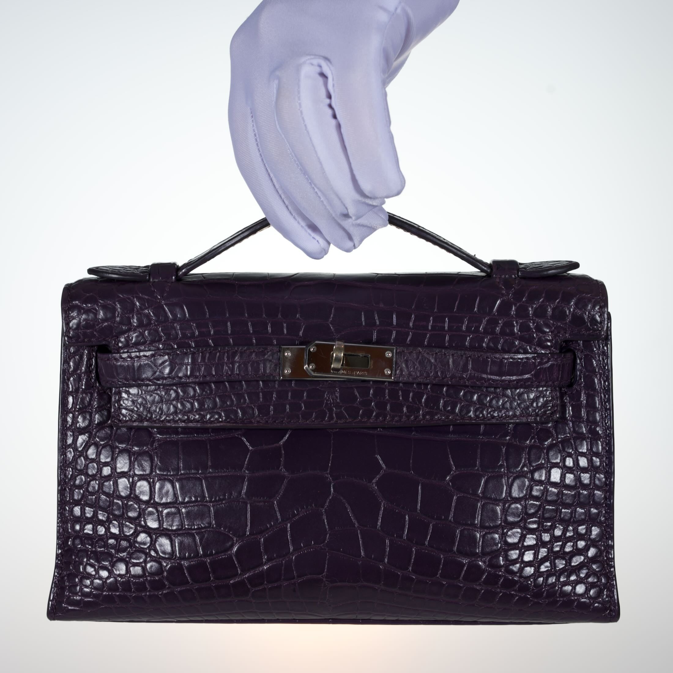 Hermès Mini Kelly Pochette Prunoir Matte Alligator with Palladium Hardware