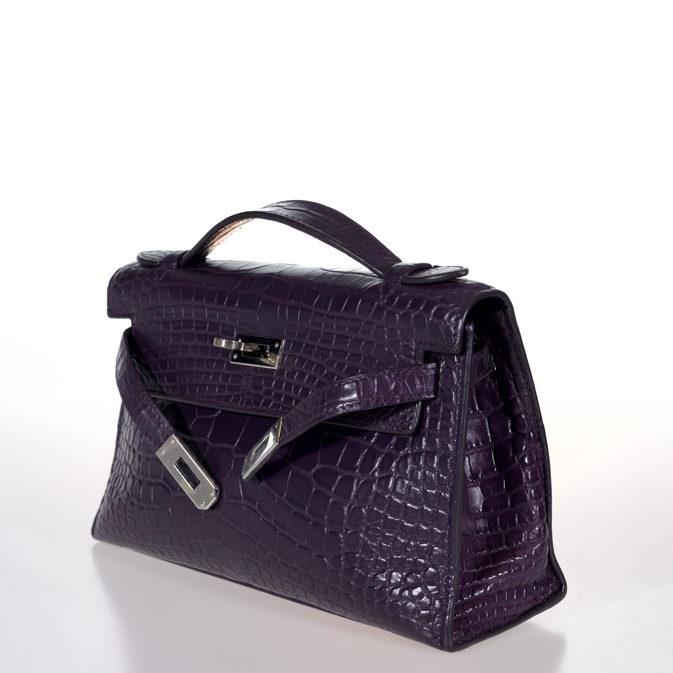 Hermès Mini Kelly Pochette Prunoir Matte Alligator with Palladium Hardware