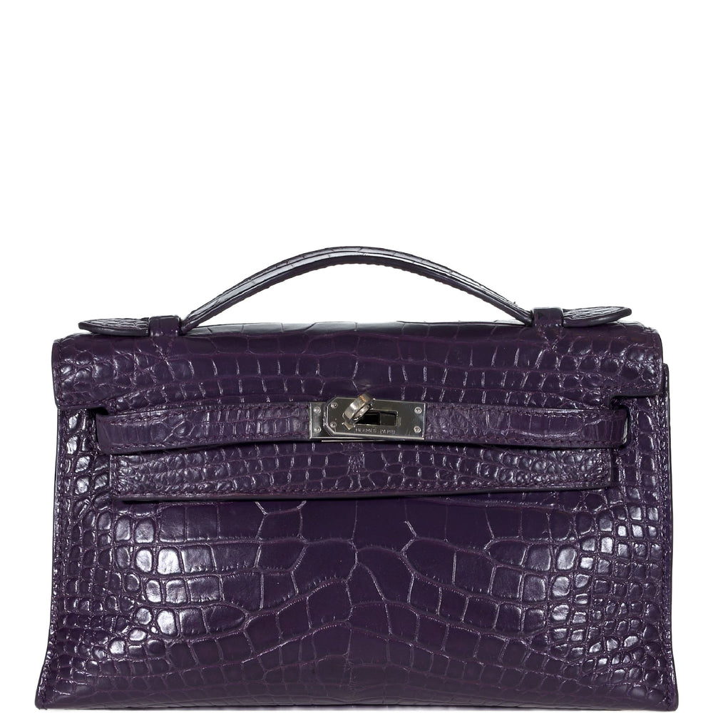 Hermès Mini Kelly Pochette Prunoir Matte Alligator with Palladium Hardware