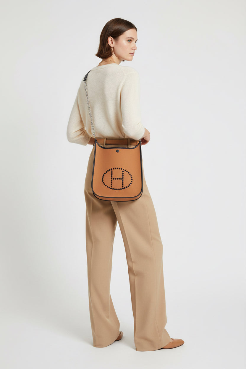 Hermès Neo Evelyne 29 PM Officier Dune Toile and Cassis Swift Palladium Hardware