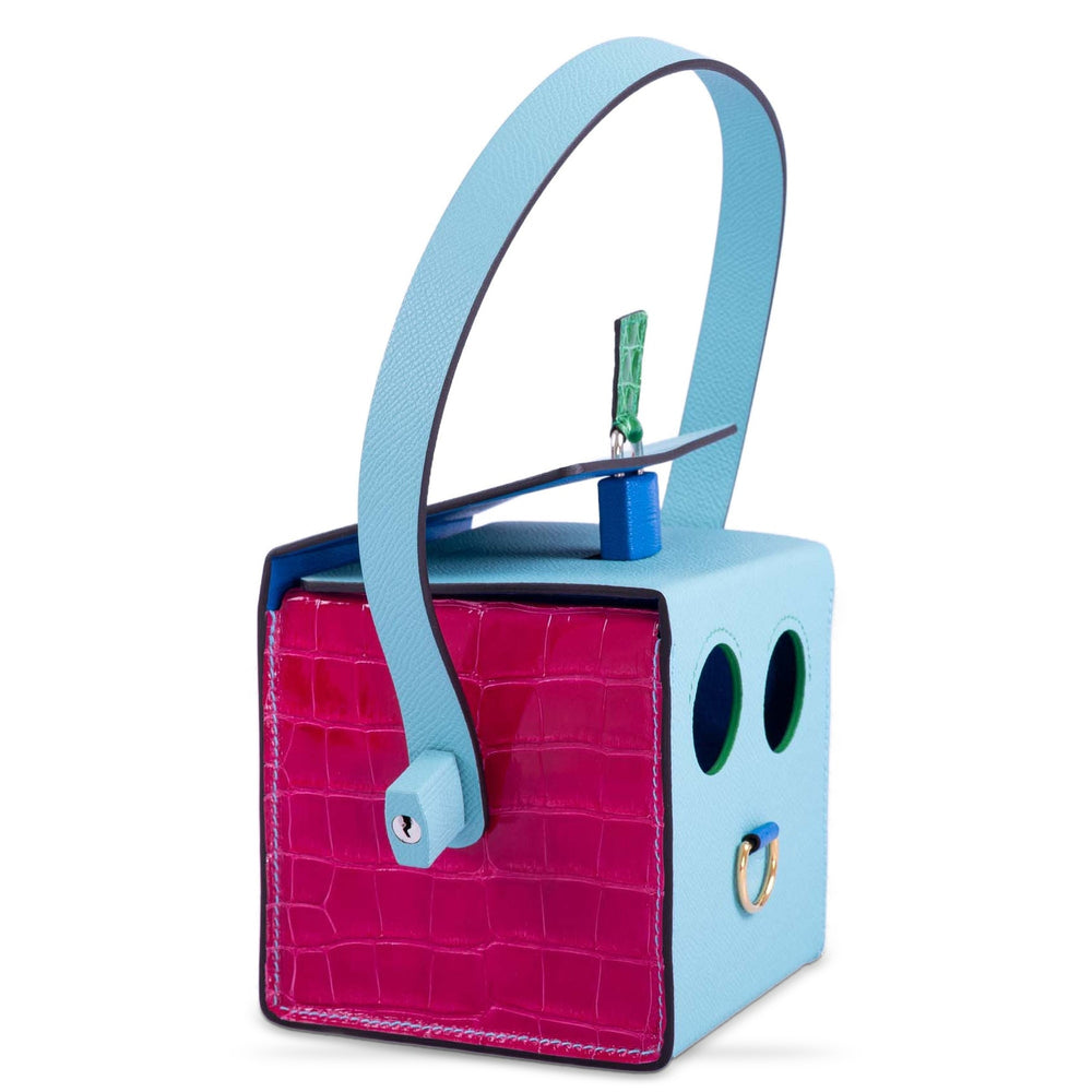 Hermès petit h Robot Buddy Bag in Turquoise Epsom with Blue Frida, Vert Émeraude Crocodile, and Fuchsia Crocodile, front view