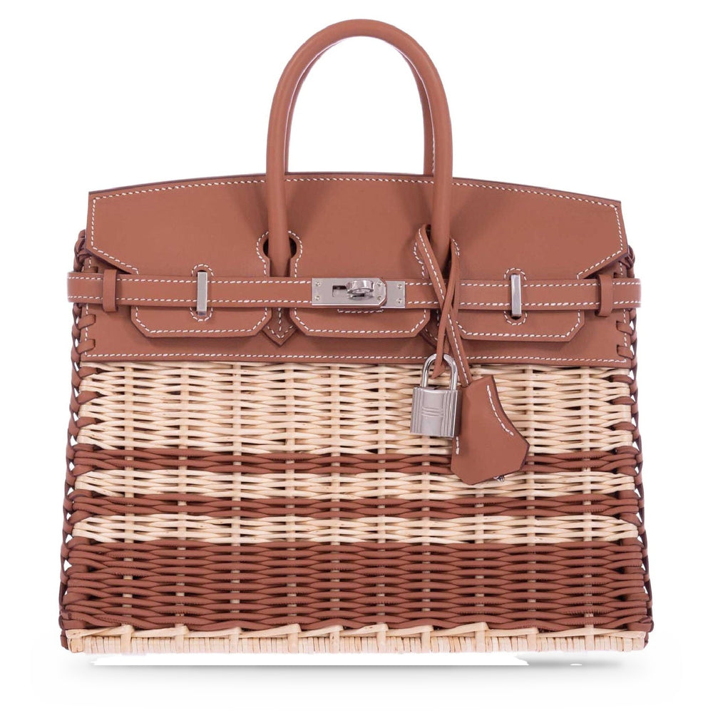 Hermès Picnic Birkin 25 Gold Swift & Stripe Osier Wicker Palladium Hardware, front view