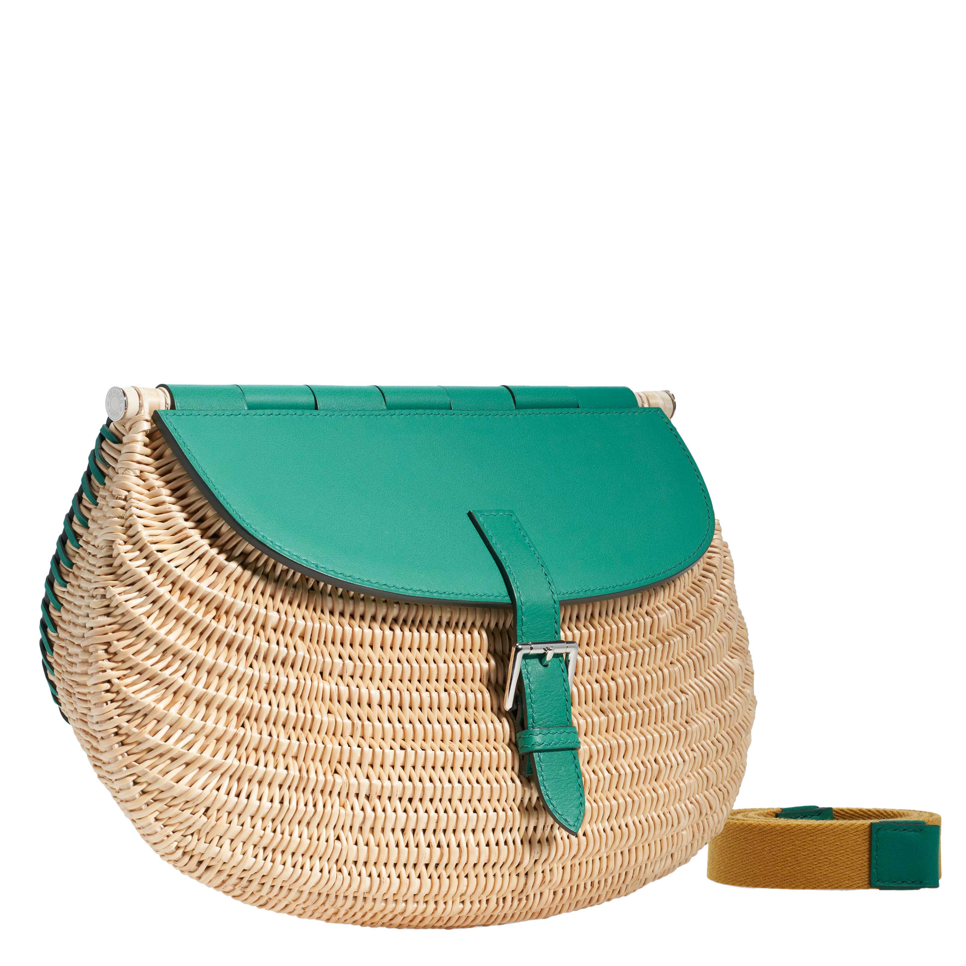 Hermès Picnic Fish Basket Vert Vertigo Swift and Osier Wicker Palladium Hardware