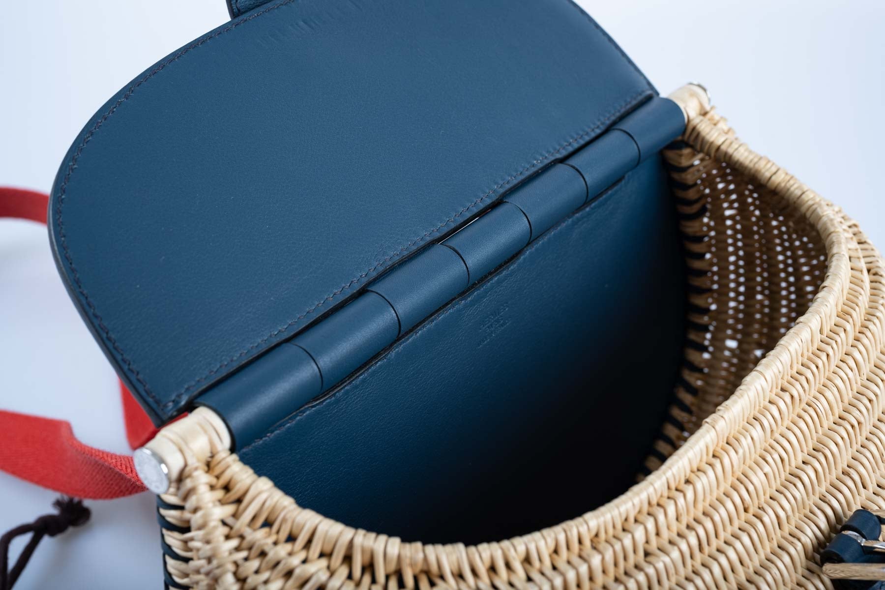 Hermès Picnic Fishing Bag Osier Wicker and Blue Swift, Red Strap Palladium Hardware