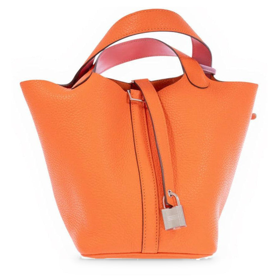 Hermès Picotin Lock Eclat 18 Orange Minium Clemence Rose Azalee Swift Palladium Hardware, front view