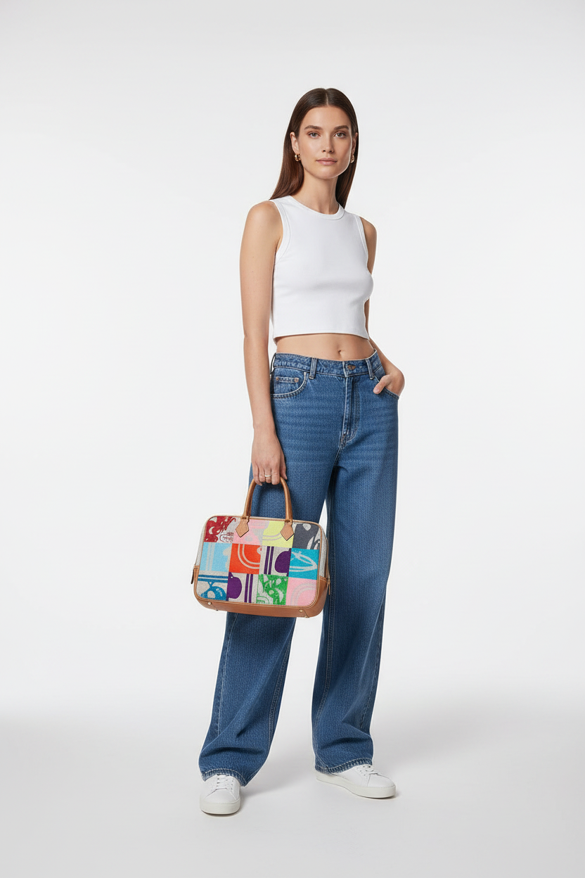 Hermès Plume 32 Patchwork Printed Toile Barenia Palladium Hardware